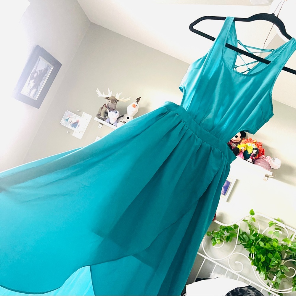 boutique dress - high low asymmetrical tulip midi dress - lace back, side cutout